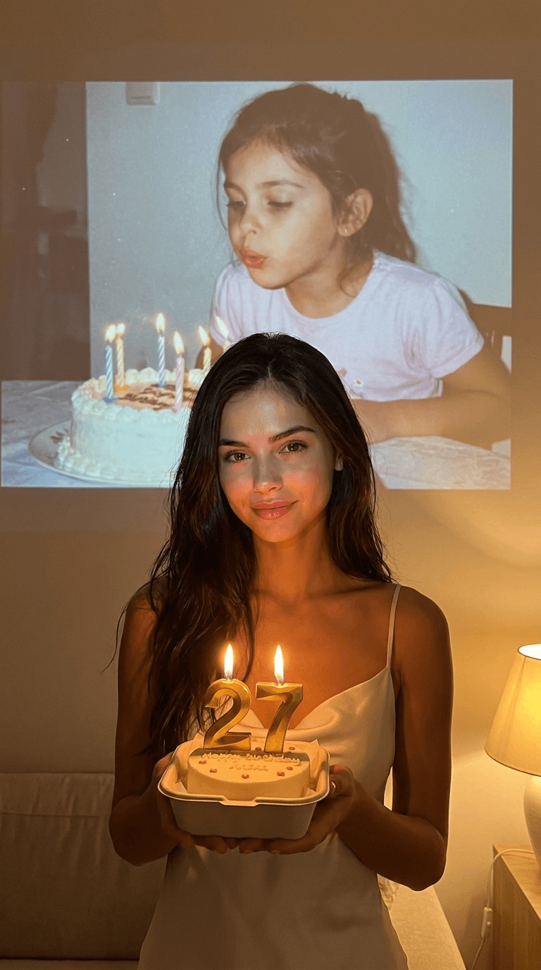 Превью фотосессии «С бенто-тортом и проекцией детского фото»
